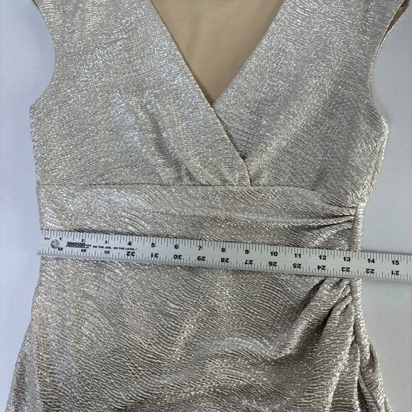 Marina Sheath Cocktail Dress Size 4 Silver Metallic Ruched Waist V Neck Holiday - Picture 10 of 12